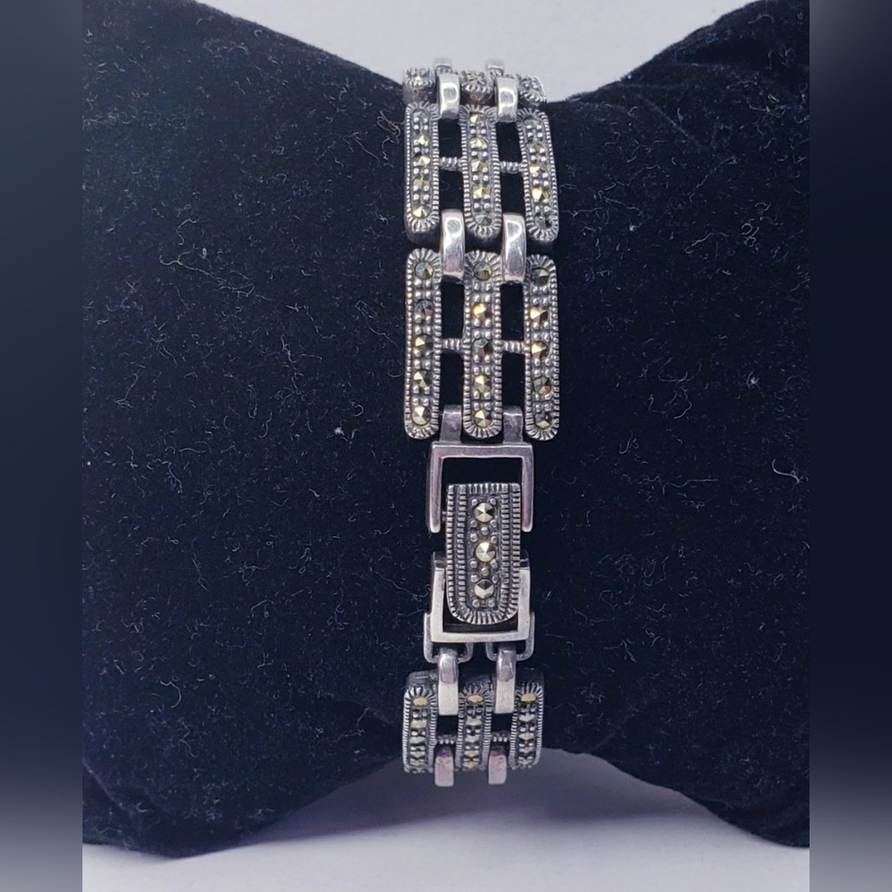 Art Deco Style Textured Marcasite Sterling Silver Bracelet 7.5"Long